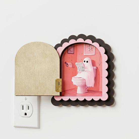 Ghost Shaped Wood Craft Halloween Cute Door Ornaments, Miniature with Ladder, Wooden Ornament 3 Layer Arch for Wall Bookshelf Decoration Eco Friendly
