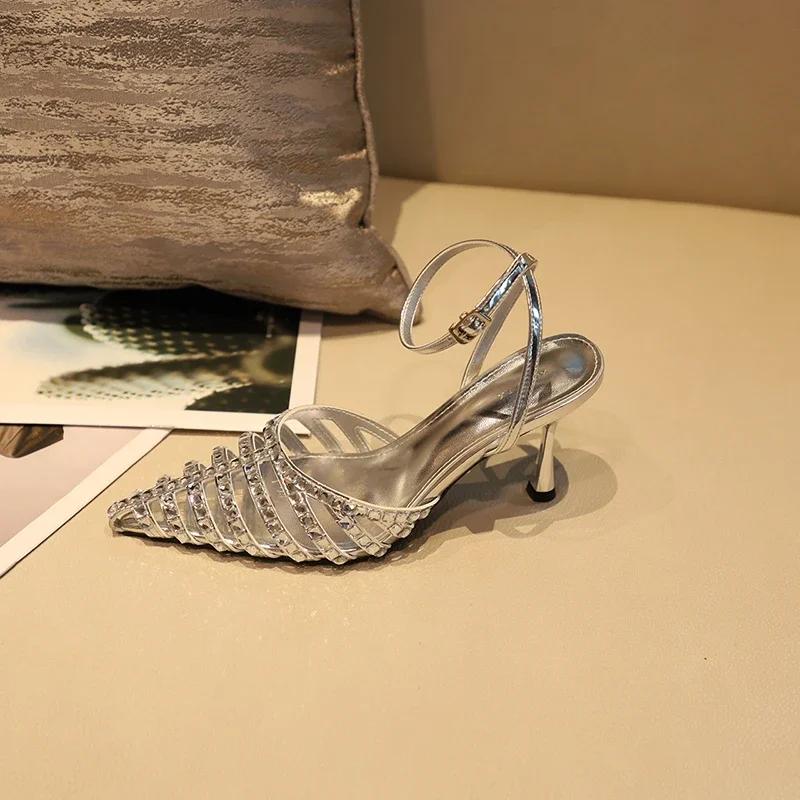 Модная женская обувь 2024 года, высококачественные женские босоножки с ремешком на щиколотке, летние сандалии с острым носком и пряжкой, туфли на шпильке или тонком каблуке, неглубокие босоножки