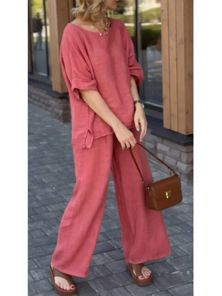 Женский повседневный костюм из хлопка и льна 2025 года в однотонном цвете: Летние свободные брюки из двух частей