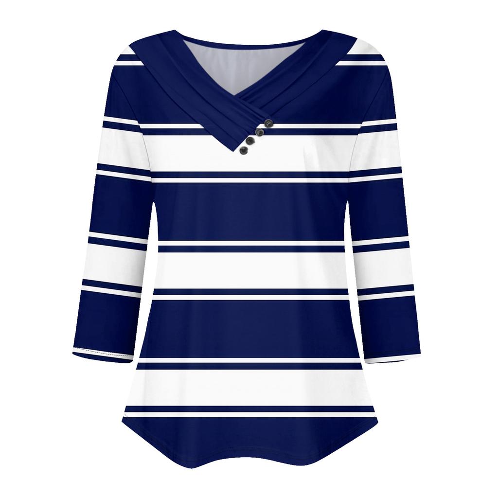 Womens 3/4 Sleeve Daily Weekend V Neck Casual Printed Tshirts Loose Fit Pleated Tees Ladies Blouse