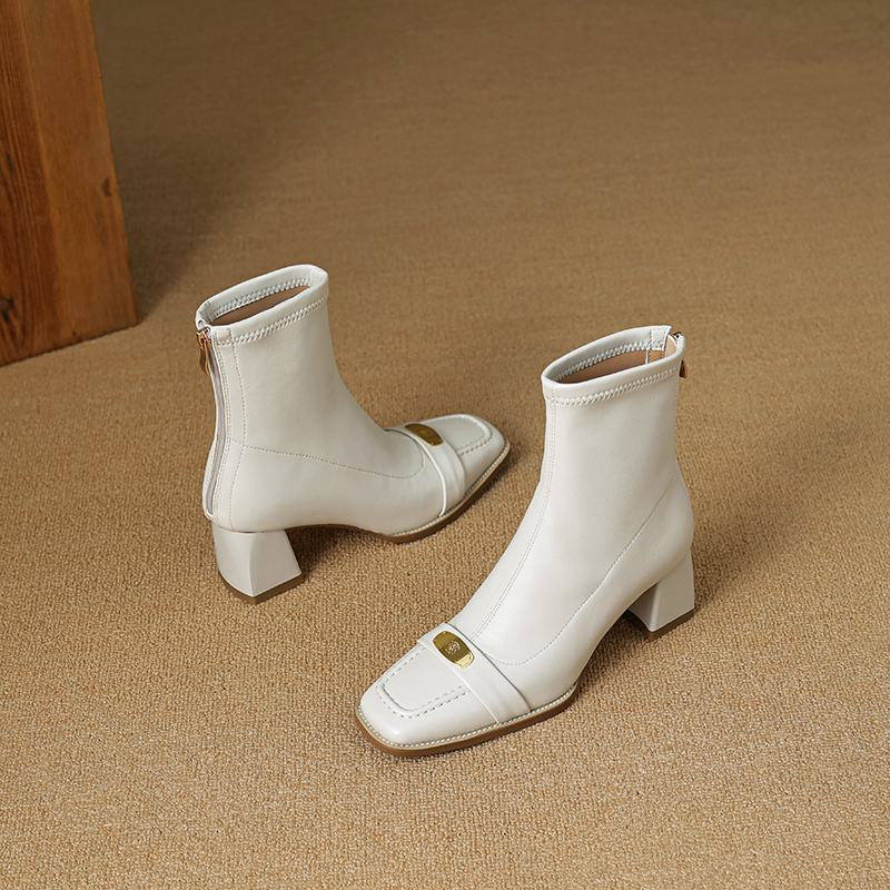 Krazing Pot Зимние короткие ботинки из микрофибры с квадратным носком и толстым каблуком, современные женские эластичные ботильоны с металлической застежкой, размер 42