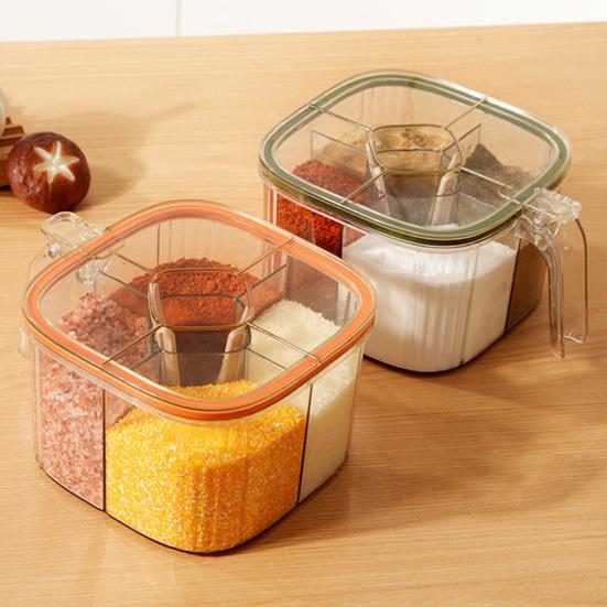 Kitchen Seasoning Jar with Spoon Slot Multi-Compartment Salt Pepper Organizer Transparent Seasoning Box