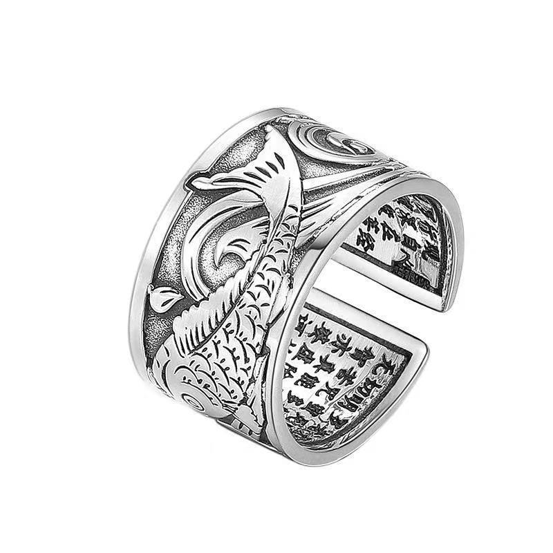 Jewelry Retro Lucky Good Luck Koi Heart Sutra Open Men's Ring