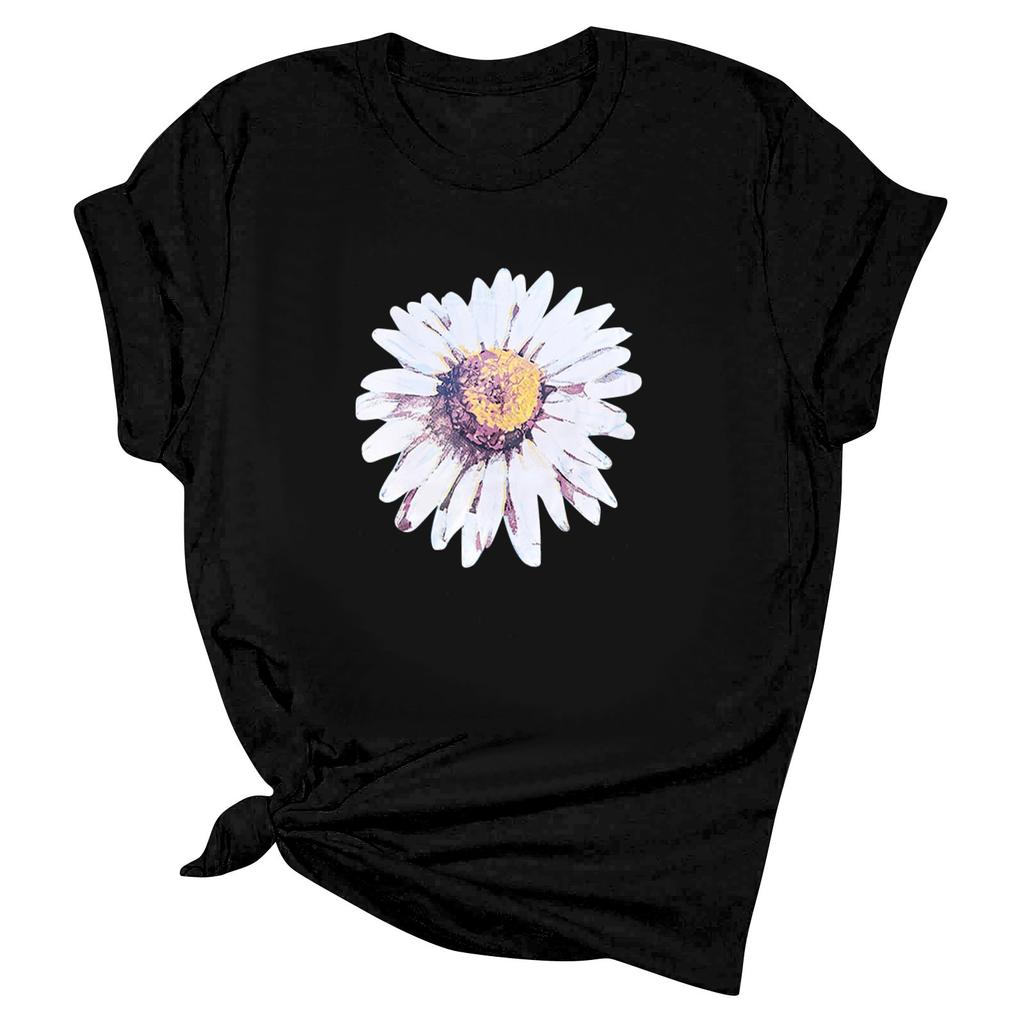 Женская повседневная футболка с принтом хризантемы, пуловер с круглым вырезом, топ с короткими рукавами