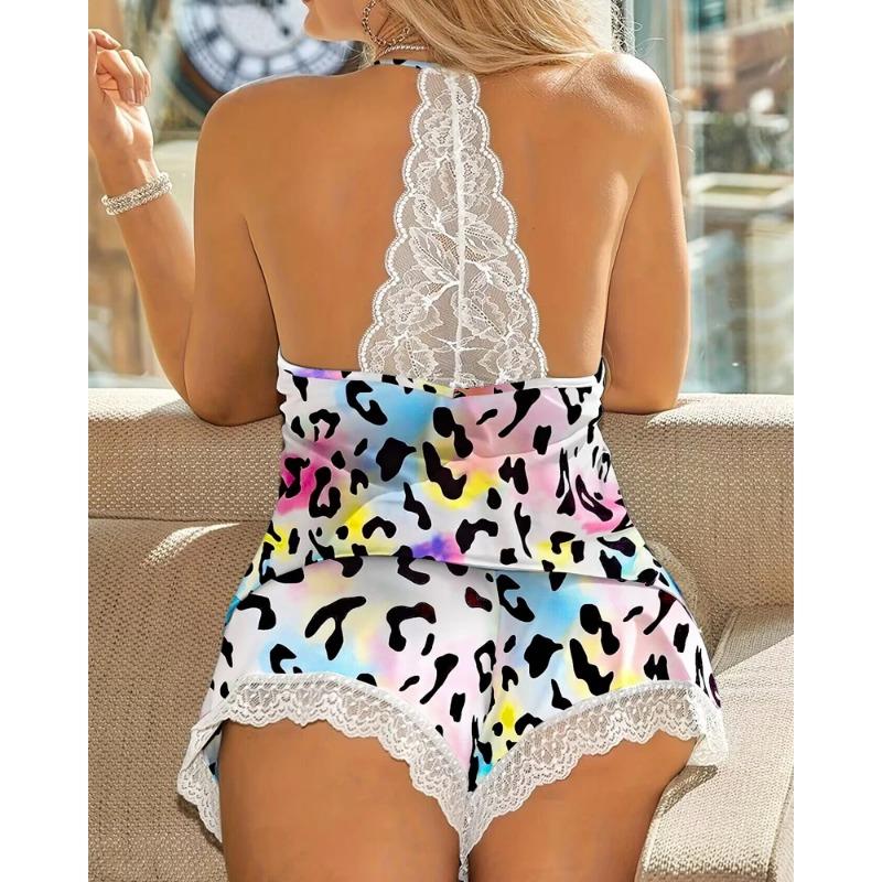 Women's Crochet Lace Pajamas Sleeveless V-Neck Set Casual Daily Wear 2 Piece Sleepwear Suit Sexy Solid Home Clothes