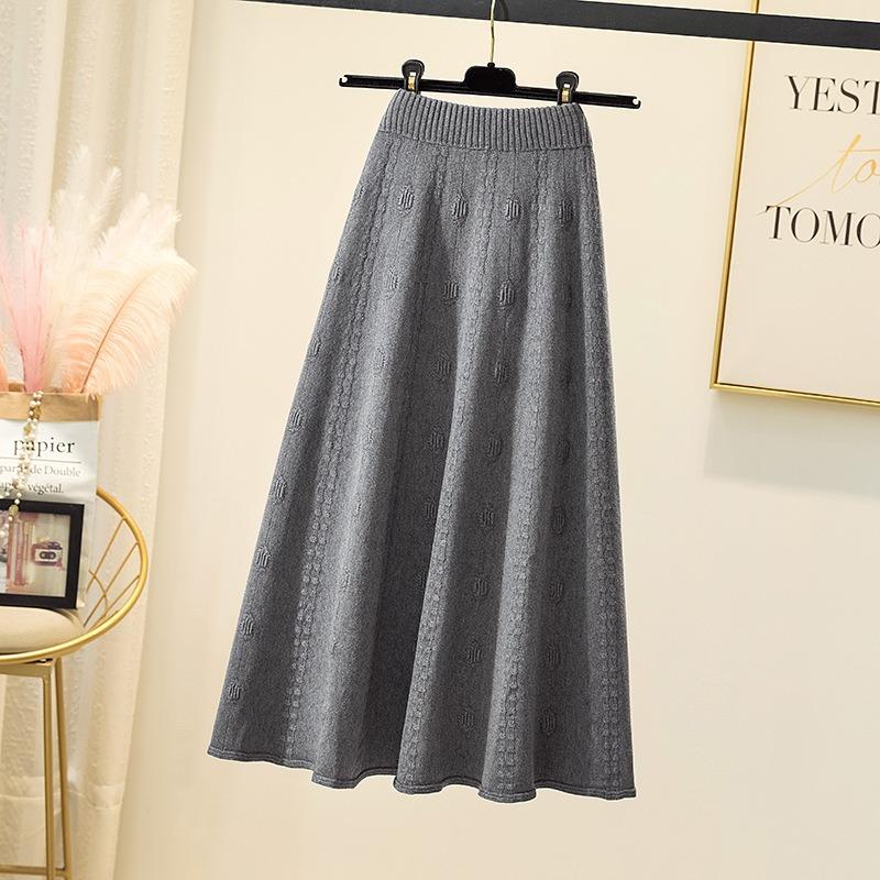 Женская осенне-зимняя трикотажная шерстяная юбка средней длины с широким подолом и полудлинной юбкой