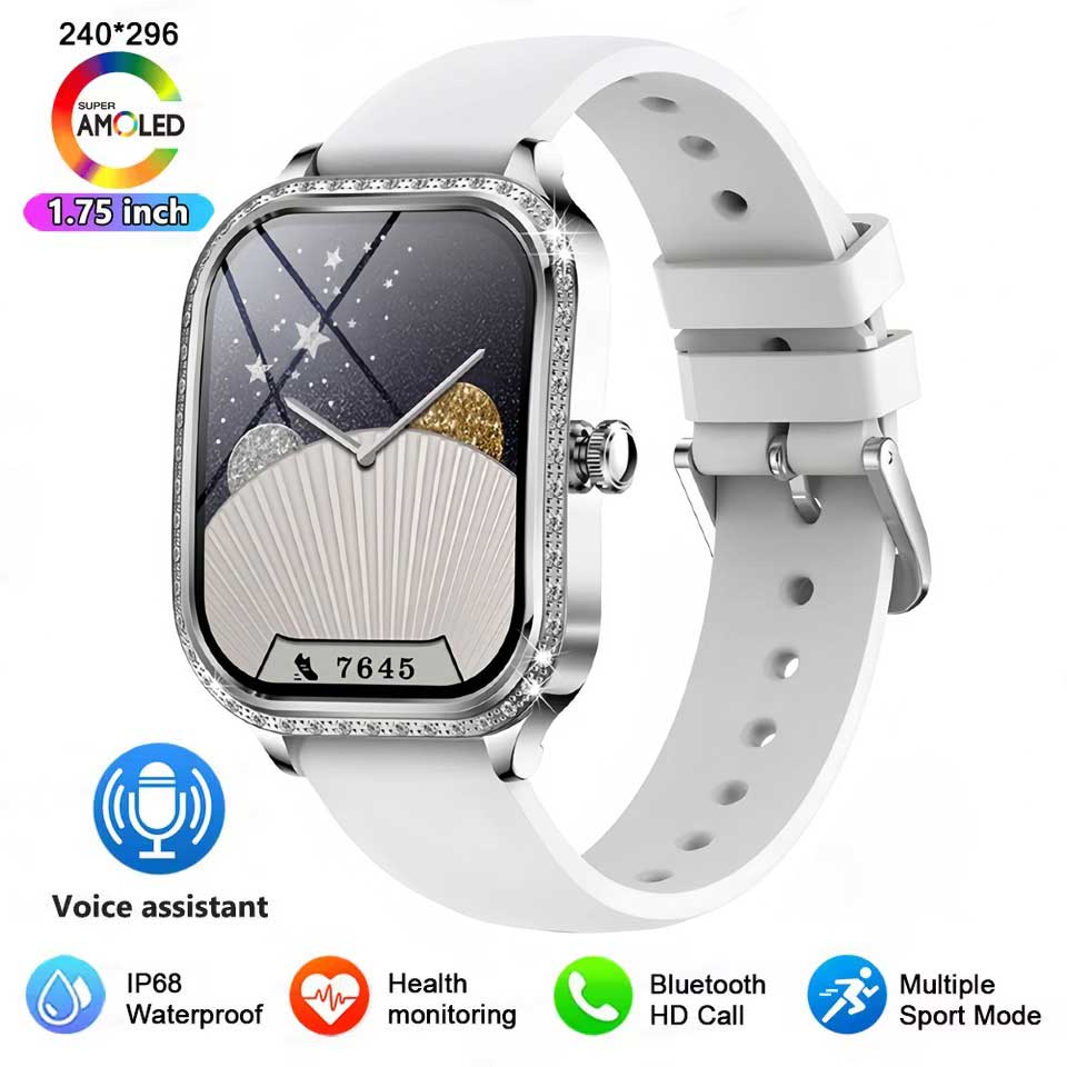 Новые модные женские умные часы с пульсометром 1,75 дюйма 240*296 HD экран часы с бриллиантами Bluetooth звонок водонепроницаемые умные часы для женщин