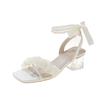 Mesh High Heels Women's Summer 2025 New Medium Heel Thick Heel Crystal Heel Pearl Ribbon Fairy Style Roman Sandals