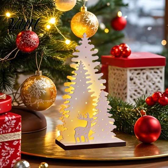 Warm Atmosphere Room Decor LED Wooden Christmas Tree Tabletop Decor, Glowing Hollow Light Up Luminous Ornaments for Holiday Party And Festive