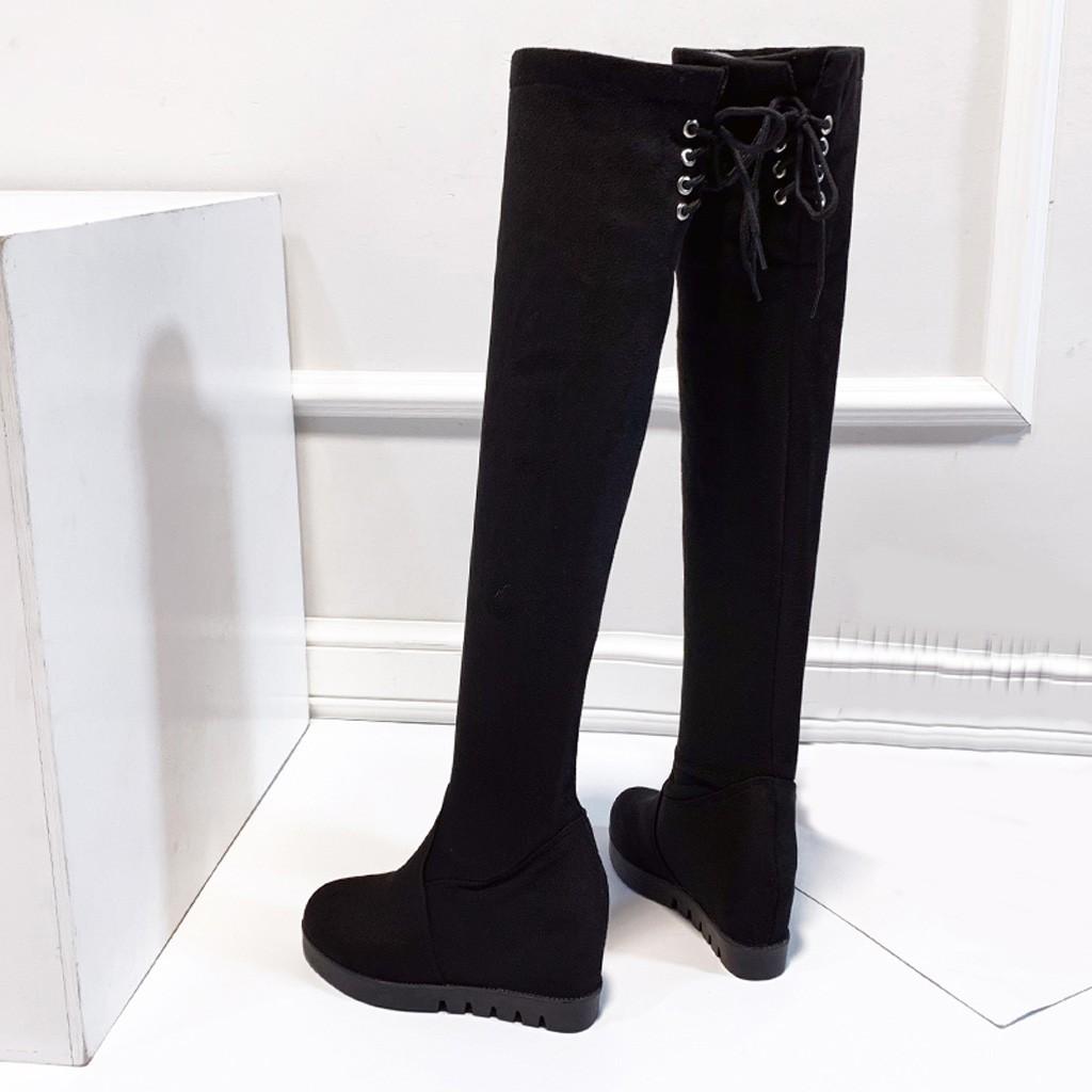 Женские теплые эластичные сапоги до колена, высокие сапоги на танкетке, студенческая обувь большого размера, ботинки