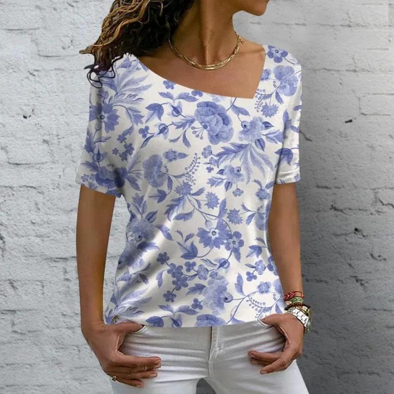 Новая модная футболка с V-образным вырезом, летний цветочный принт, короткий рукав, женская повседневная базовая футболка, женские винтажные элегантные топы