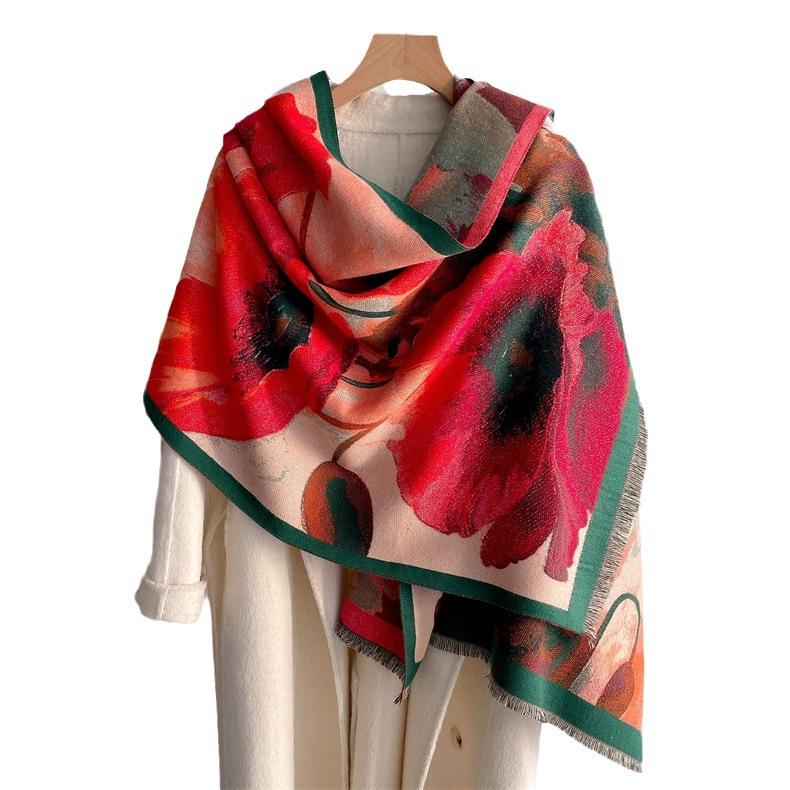 2024 Осень/Зима Новый утолщенный теплый двухсторонний двухцветный шарф из искусственного кашемира с кисточками, высококачественный воротник-шаль