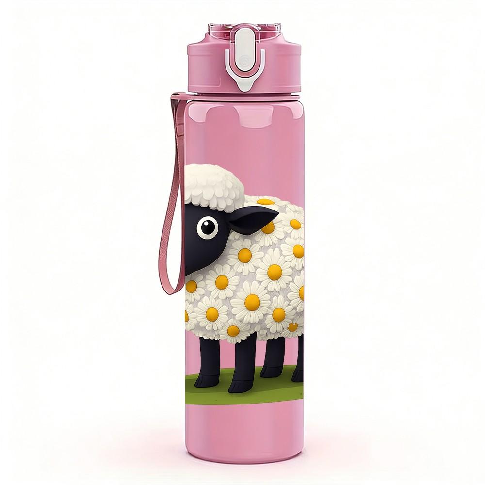1PC Fluffy White Sheep Farm Print 750ml Color Plastic Sports Water Bottle Leakproof Flip Straw Lid Suitable for Sports Office Home Use