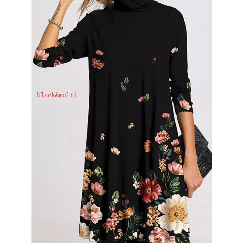 Зимняя водолазка, теплая винтажная женская одежда с принтом, элегантные лоскутные платья с длинными рукавами, женские повседневные свободные платья