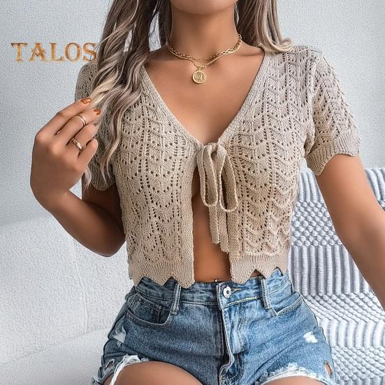Women Crochet Tops Short Sleeve Lace-up Hollow Design Knitting Tops Sun Protection Summer Vacation Tops