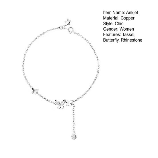 Женский браслет на щиколотку со стразами и бабочкой, регулируемая длина, цепочка с кисточками, полированная медь, леди