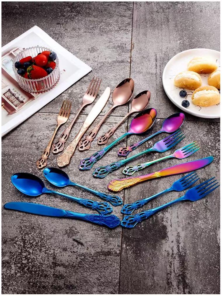 Набор столовых приборов Royal Court из 24 предметов из нержавеющей стали - Тисненые полые ножи для стейка, вилки и ложки