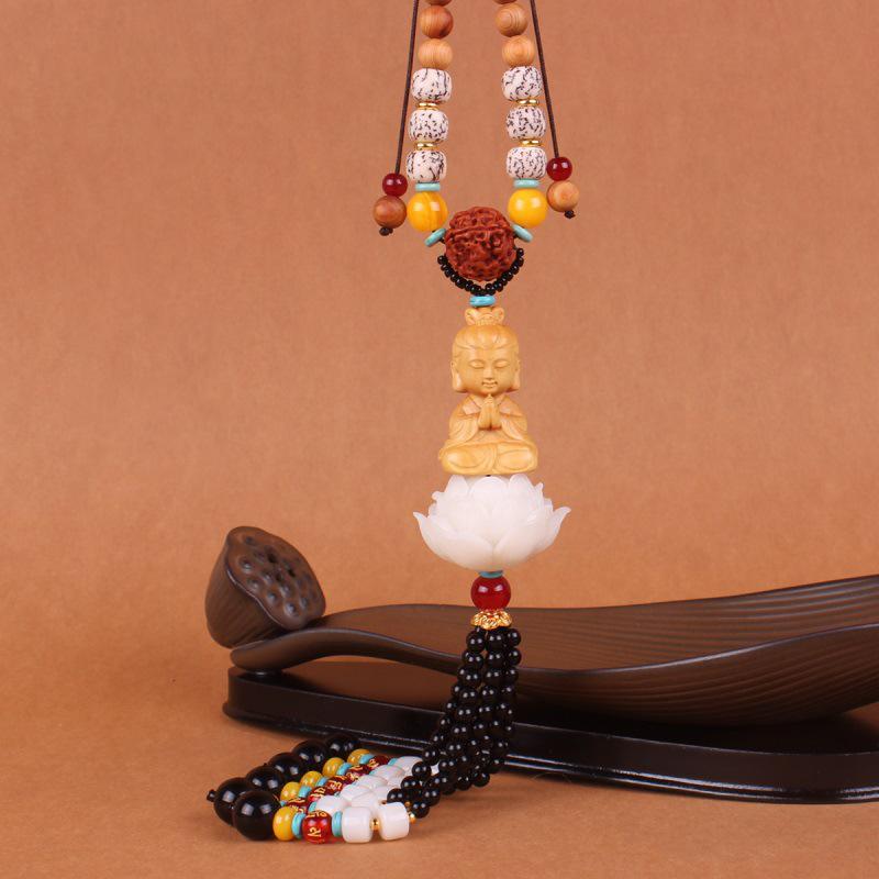 Car Pendant Wood Carved Lotus Buddha Car Rearview Mirror Pendant Decoration Auto Interior Accessories Bring Safety Luck