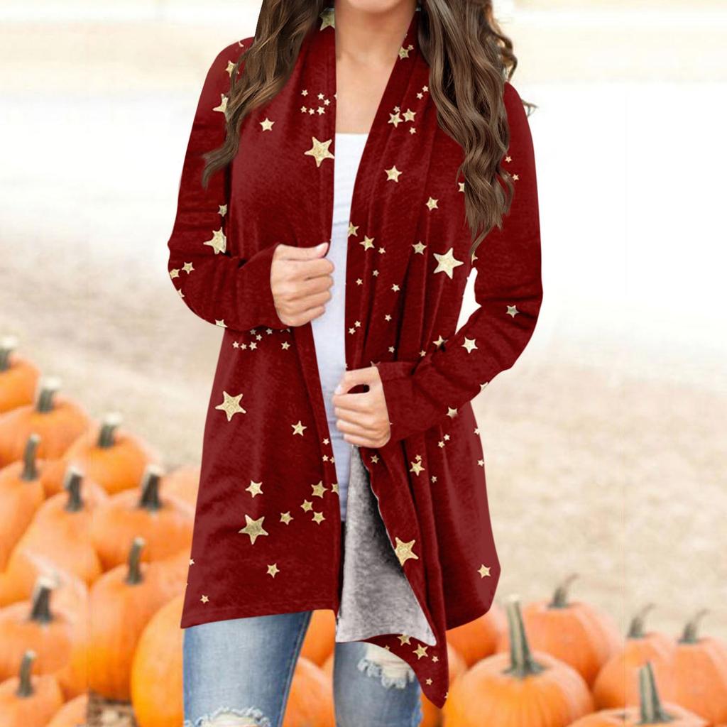 Женская мода, повседневный рождественский принт, кардиган средней длины, куртка, пальто