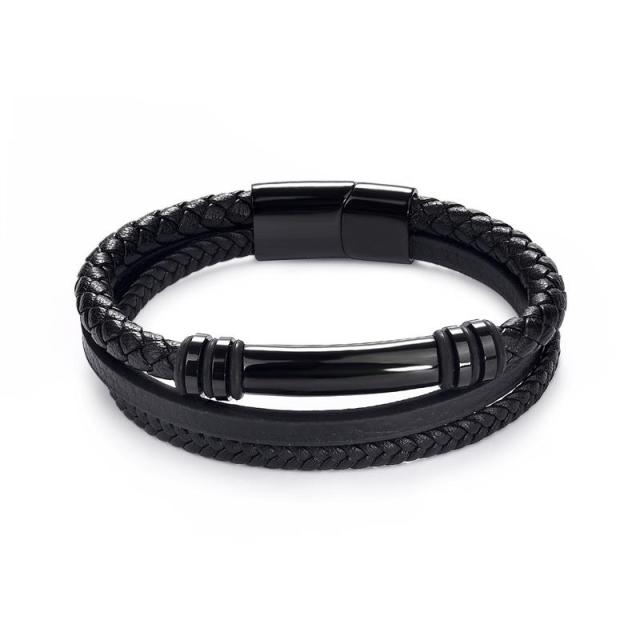 Fashion Stainless Steel Charm Men Bracelet Magnetic Clasp Braided Mutilayer Leather Wrapping Punk Rock Bangles Man Jewelry Gift