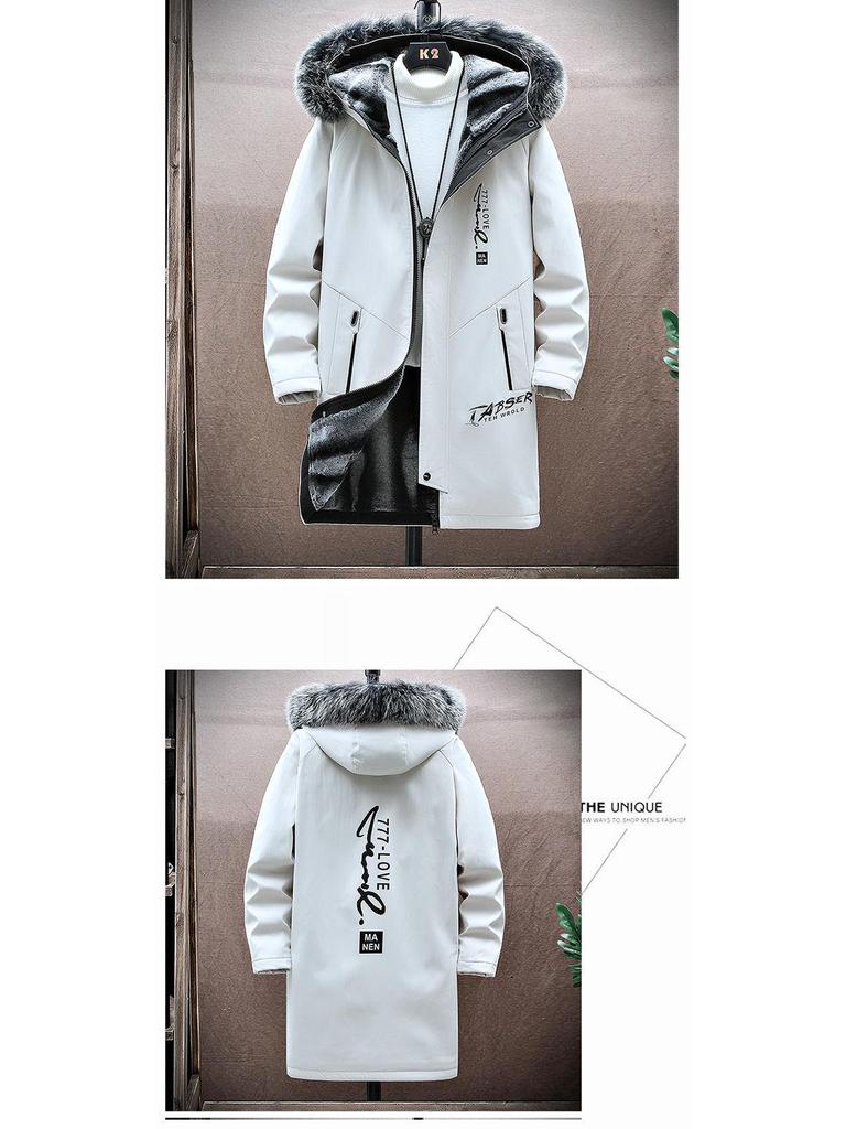 Men's Winter Fleece-Lined Hooded Mid-Length Printed Cotton Coat - Trendy & Warm Casual Jacket