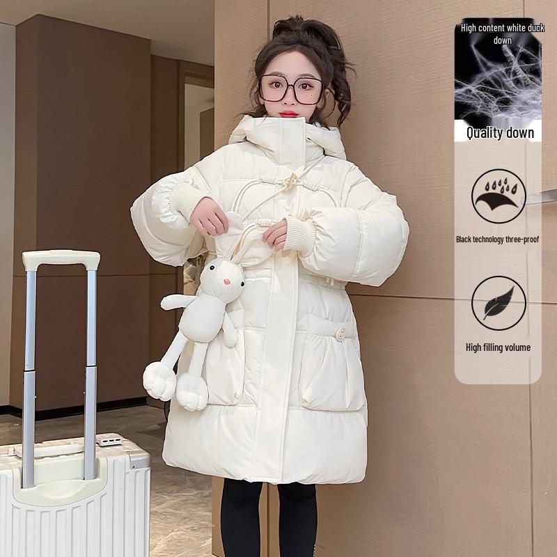 2025 Осень/Зима Модное пуховое пальто для девочек с флисовой подкладкой и куклой-кроликом