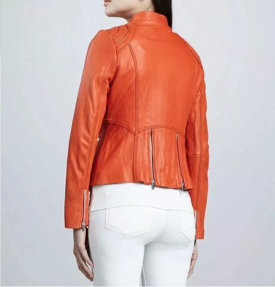 Новая женская куртка оранжевого цвета ручной работы из натуральной кожи ягненка стильная байкерская