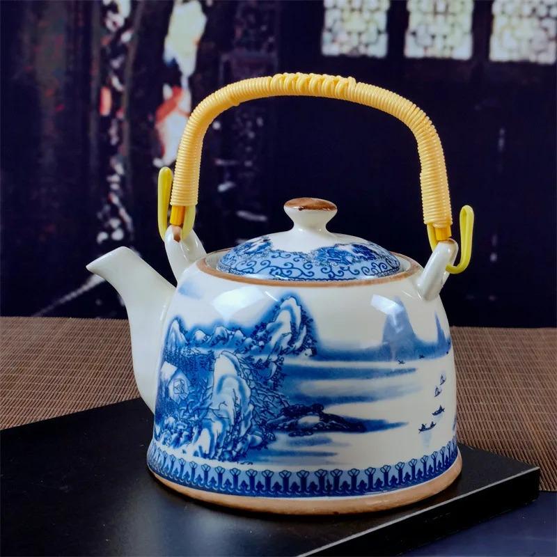 Бытовой фарфоровый чайник, керамический большой вместительный горшок для прохладной воды, большой синий и белый фарфоровый горшок с петлевой ручкой в ​​стиле ретро