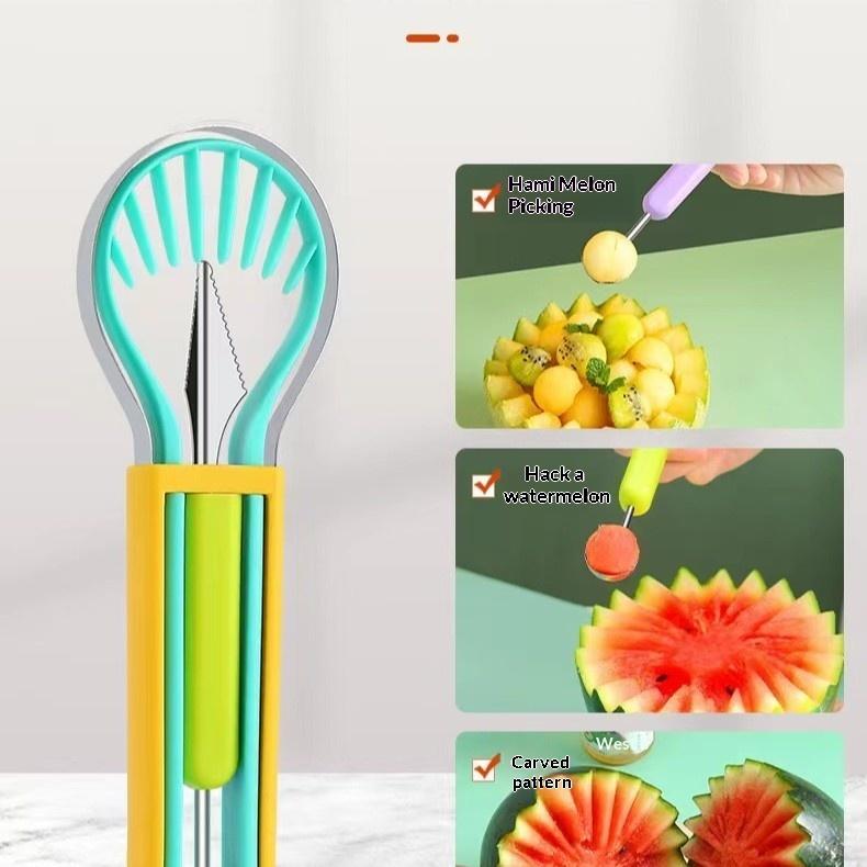 3-in-1 Watermelon Cutting Tool Fruit Digging Stainless Steel Watermelon Digging Ball Spoon Double Head Melon Fruit Carving Tool 4