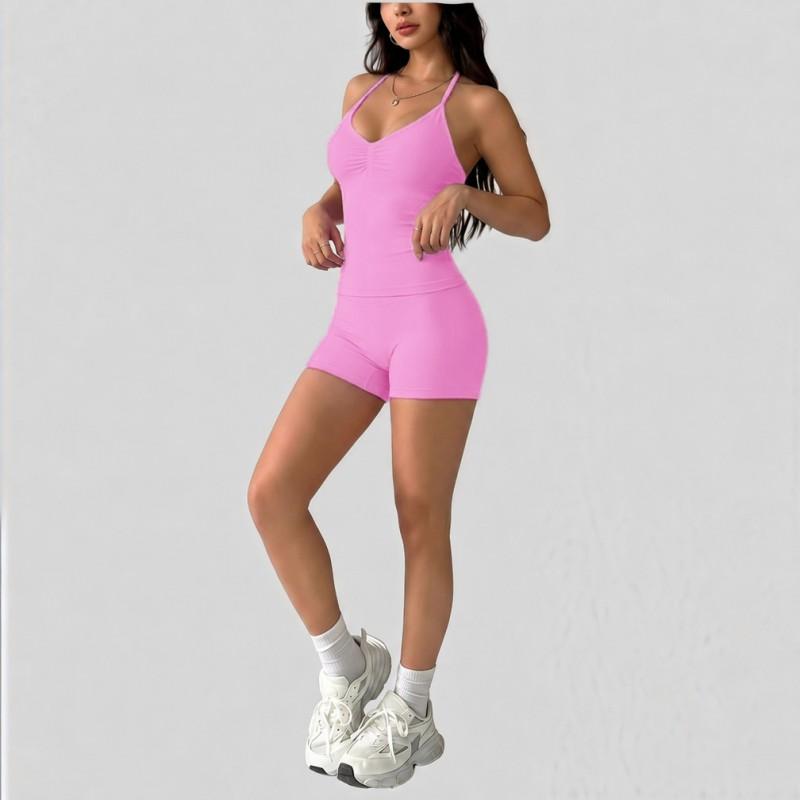 36-Color High-Waisted Ruched Neckline Crop Top Tapered Leggings Yoga Set Women With Built-in Bra Pad