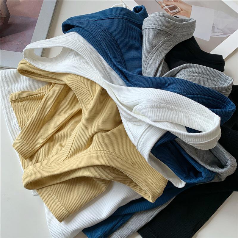 Женская корейская майка на бретелях с чашками - Встроенная чашка, Летний топ однотонной расцветки