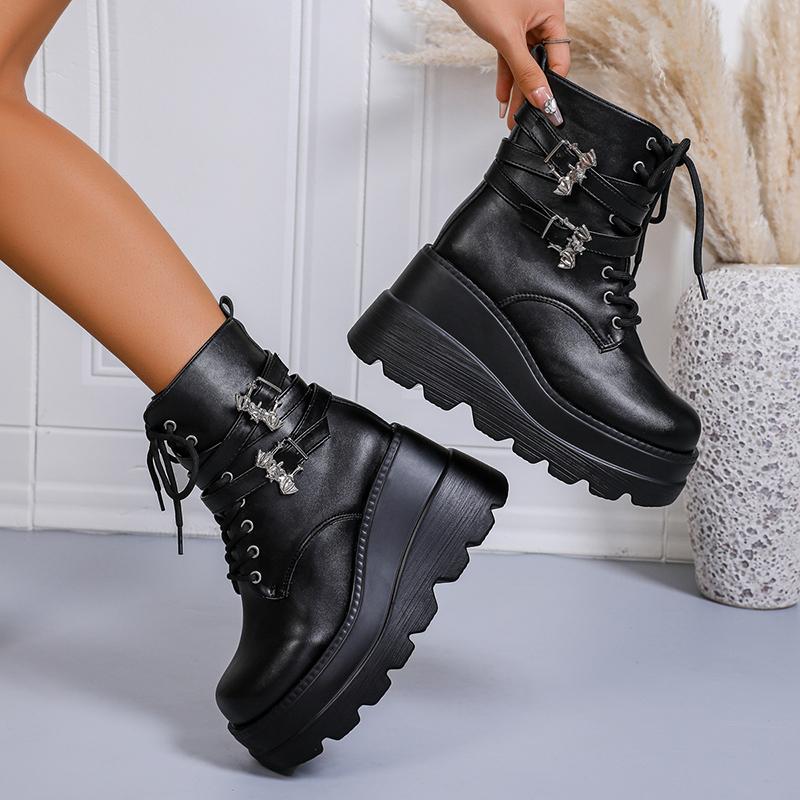 Fashion Chunky Platform Gothic Ankle Boots Women Punk Style Wedge Heel Motorcycle Shoes Woman Thick Sole Buckle Strap Black Combat Boots