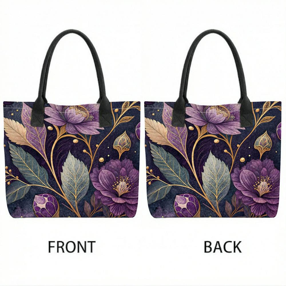 Purple Floral Tote Bag Stylish Casual Large Capacity Handbag for Daily Use