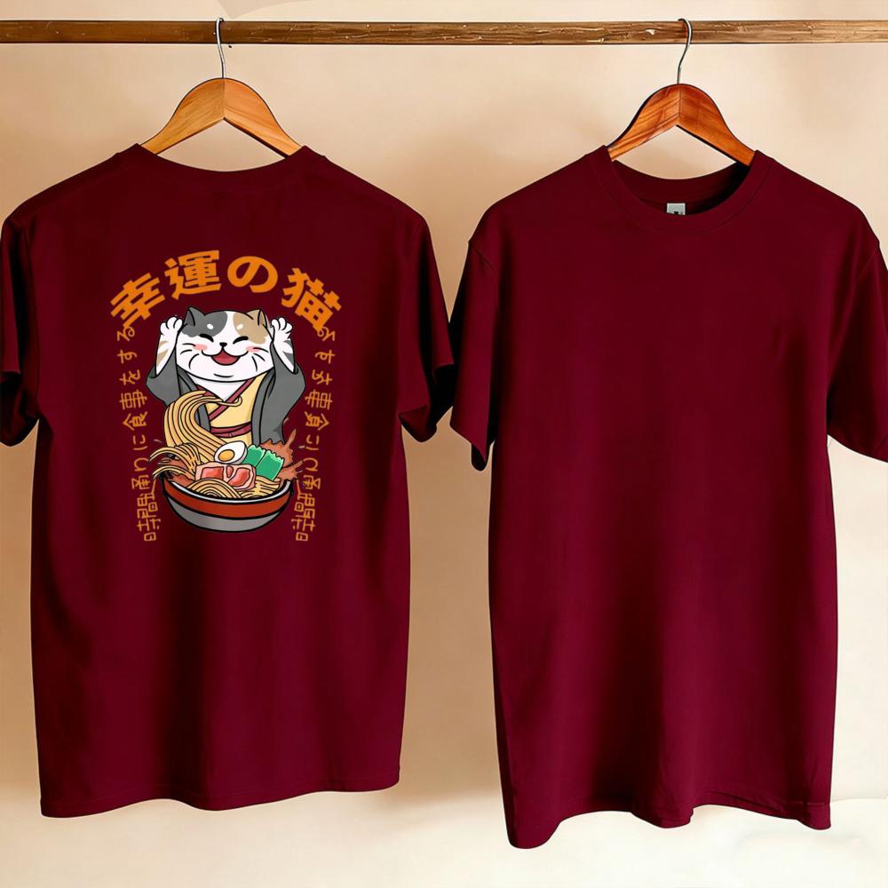 Unisex Lucky Cat Good Fortune Japanese Kanji RaUnisex Bowl Graphic TShirt Vintage Ukiyoe Style Happy Tri Color Cat Cotton Casual Top