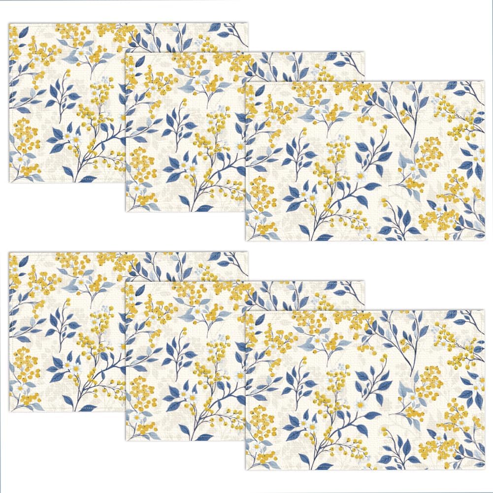 WADORN Flowers Cat Placemats Set of 6, Black Cat Wildflowers Cloth Table Place Mats 11.8x17.7 Inch Non-Slip Linen Washable Table Mats Heat Resistant