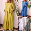 Newest Women Vintage Solid Color Long Sleeve O Neck Pockets Maxi Dress Tunic Kaftan