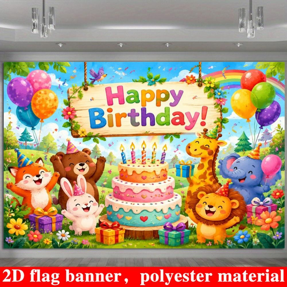 2D Flat Banner, Cute Animal Birthday Backdrop, Cartoon Animals, Cake, Balloons, Gifts, Polyester