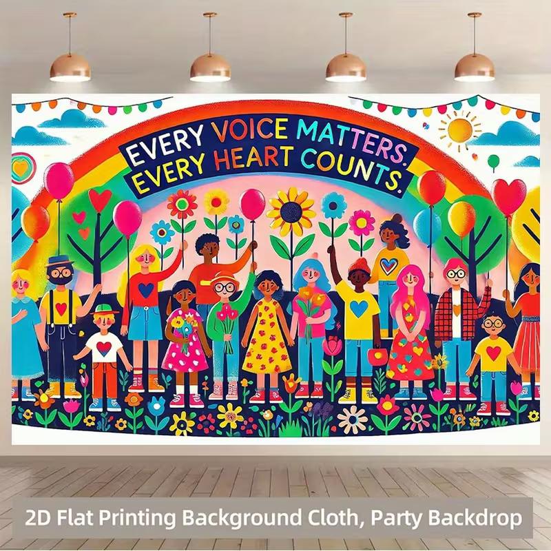2D Multicultural Party Background, "Every Voice Matters" Rainbow Flower and Kids Decor Banner