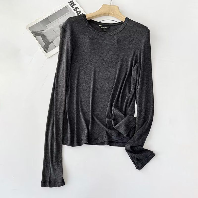 MD Women Clothes Casual Minimalist Style Slim Version Inner Wear Round Neck Bottoming Shirt Finger Hole Long Sleeves Shirt Female 06842574892