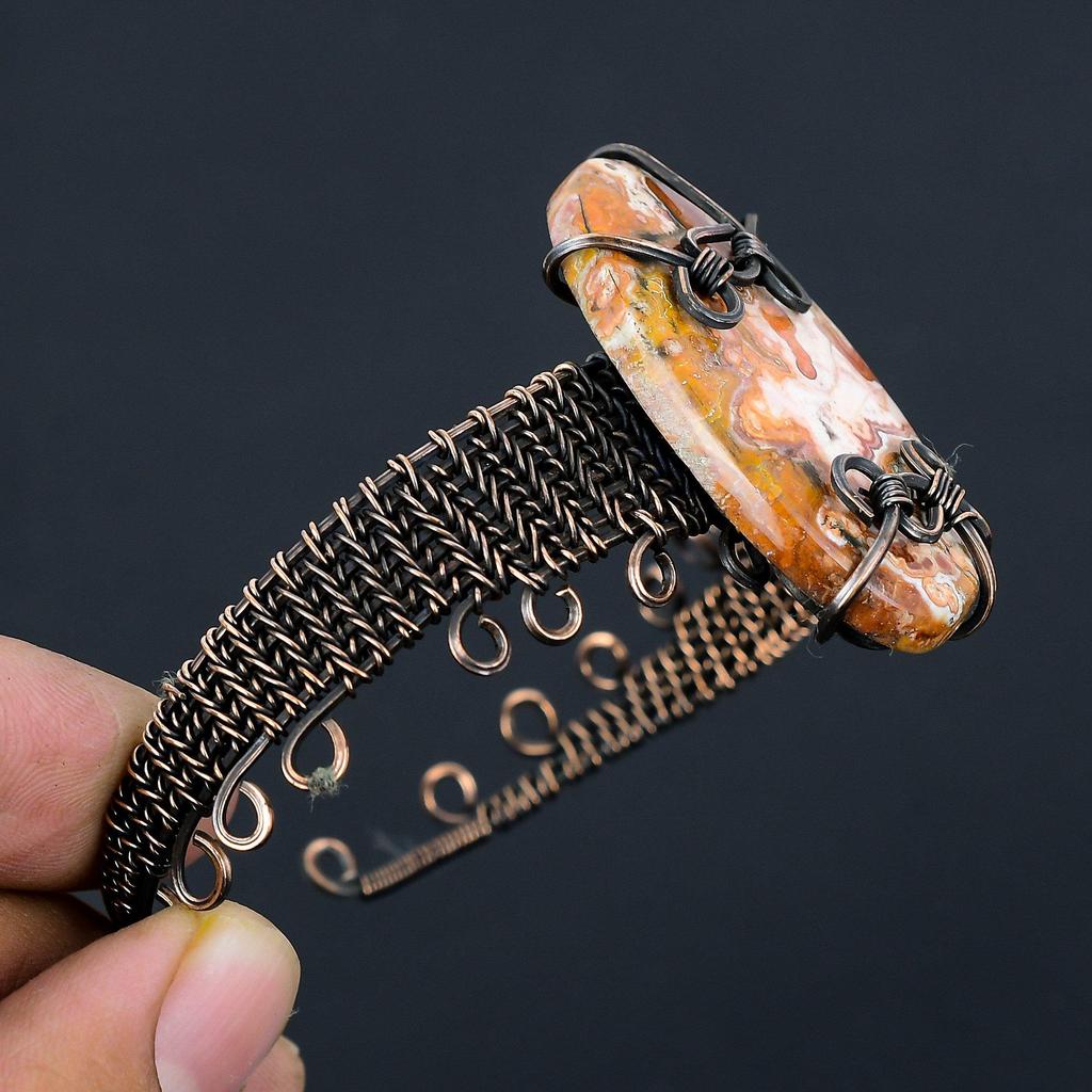 Laguna Lace Agate Pure Copper Wire Wrapped Handmade Jewelry Bangle Bracelet Adjustable