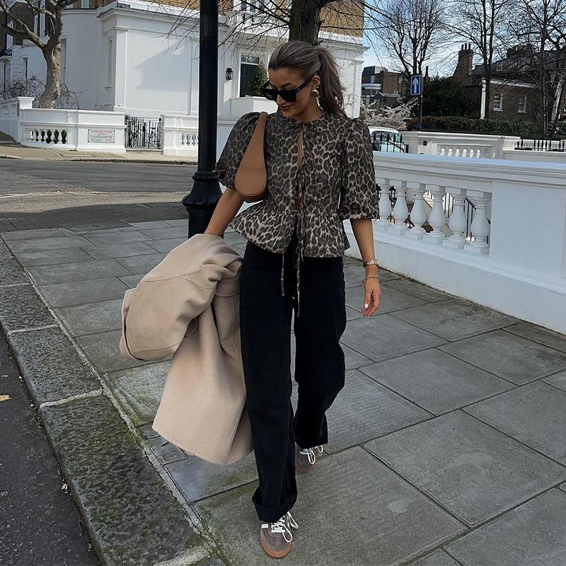 Рубашки на шнуровке с леопардовым принтом, женские, свободные, с рукавами-фонариками, короткая блузка, большой размер, повседневный топ с круглым вырезом, летняя, новая мода