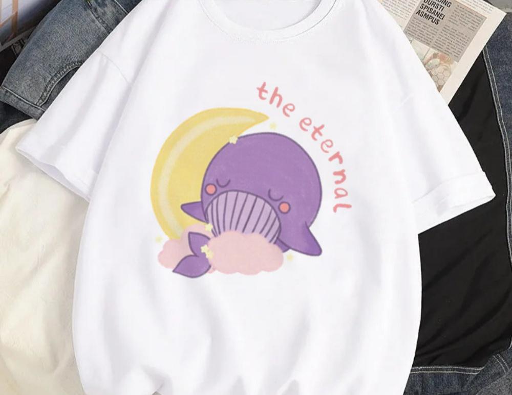 Women Y2K Fashion T Shirt Casual Loose Fit Tee with Cute Cartoon Whale Graphic Harajuku Style Top Daily Streetwear Oversized
