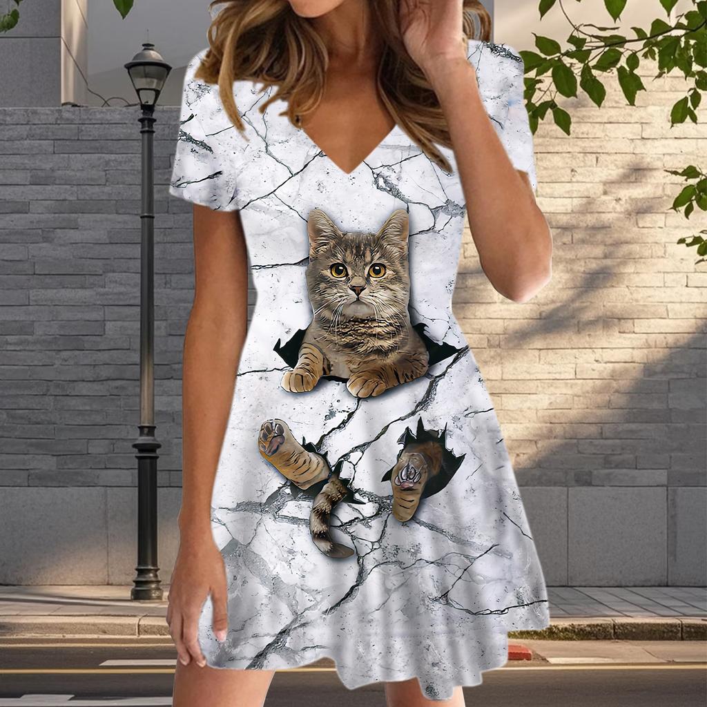 Летняя мода женские V-образный вырез короткий рукав Китти принтованное платье сексуальные короткие юбки платья