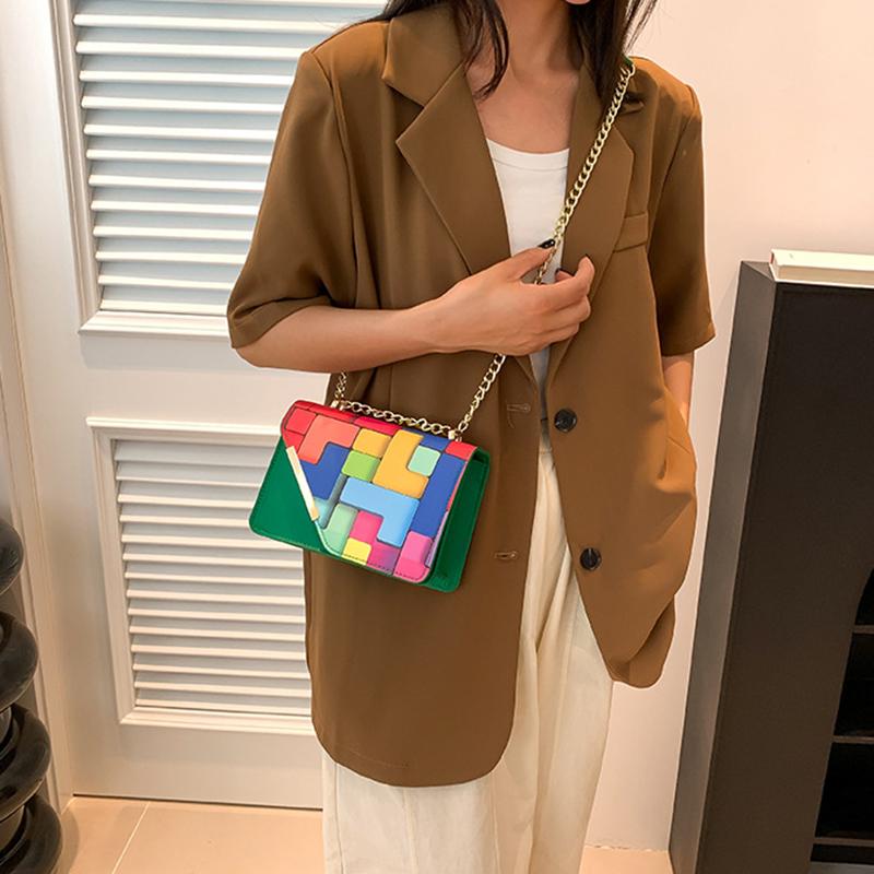 Женская маленькая квадратная сумка-слинг на плечо с клапаном из искусственной кожи, летняя, контрастного цвета, универсальная, с цепочкой, кроссбоди KTY