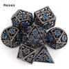 7 Pcs Black Blue Rotary Cyclone Metal Dice Hollow Metal Polyhedral Dice Set Suitable for Role-Playing RPG Board Game Card Game