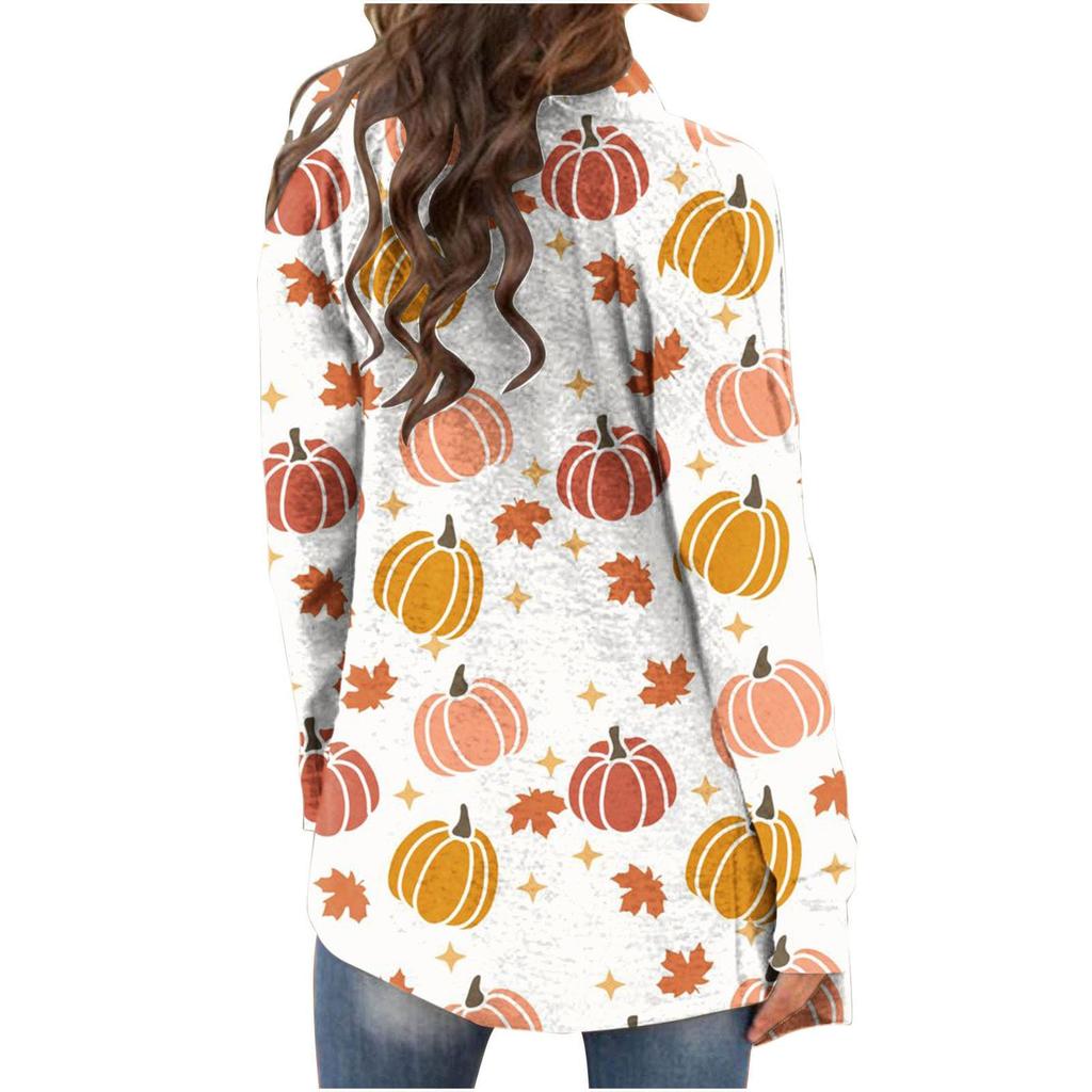 Женская модная повседневная куртка-кардиган средней длины с длинным рукавом и принтом на Хэллоуин