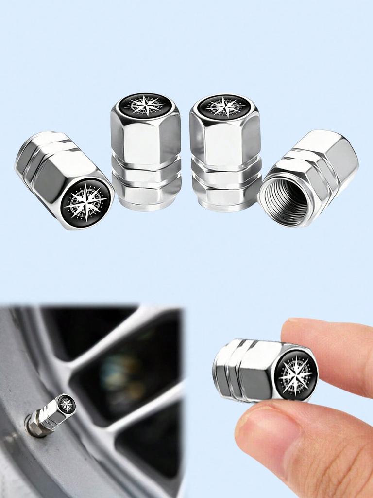 4Pcs Compass Aluminum Alloy Valve Caps, Hex Leak-Proof Tire Valve Covers, Stylish Wheel Hub Accessories