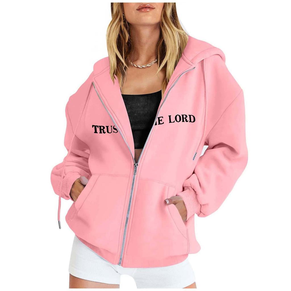 Women's Fashion Loose Casual Zip Printed Hooded Sweatshirt Jacket