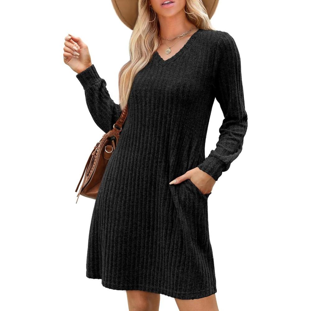 HNXC Women's Fashion Autumn Winter Solid Color Print Long Sleeve V-Neck Casual Dresses