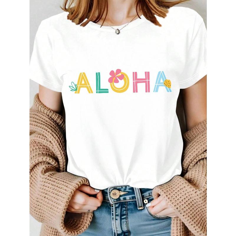 Women's Casual Summer Wear Featuring a White T-Shirt Adorned with an Aloha Floral Design